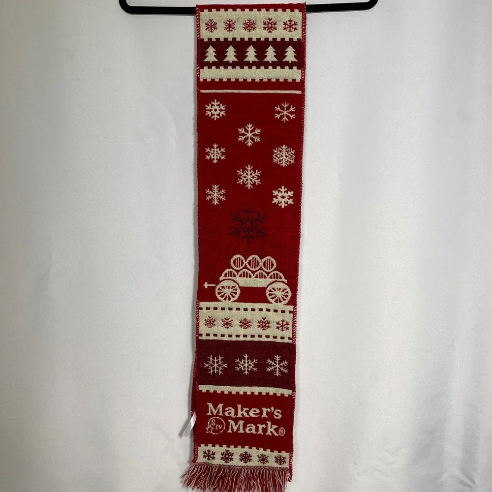 Maker's Mark Bourbon Whiskey Red Cream Snowflake Wagon Fringe Holiday Knit Scarf